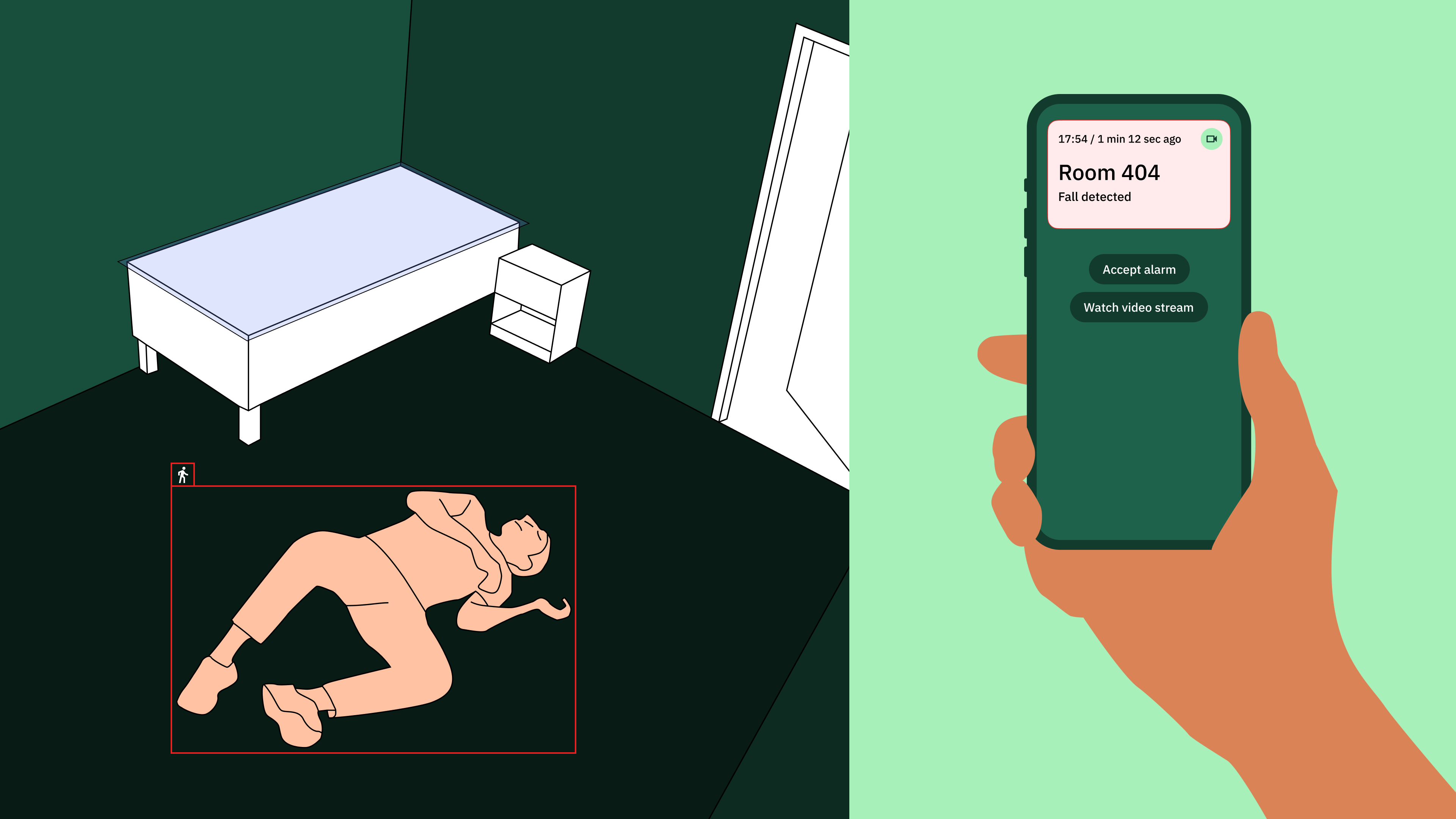 An illustration of a person fallen on the floor and an alarm showing up on a nurse's phone.