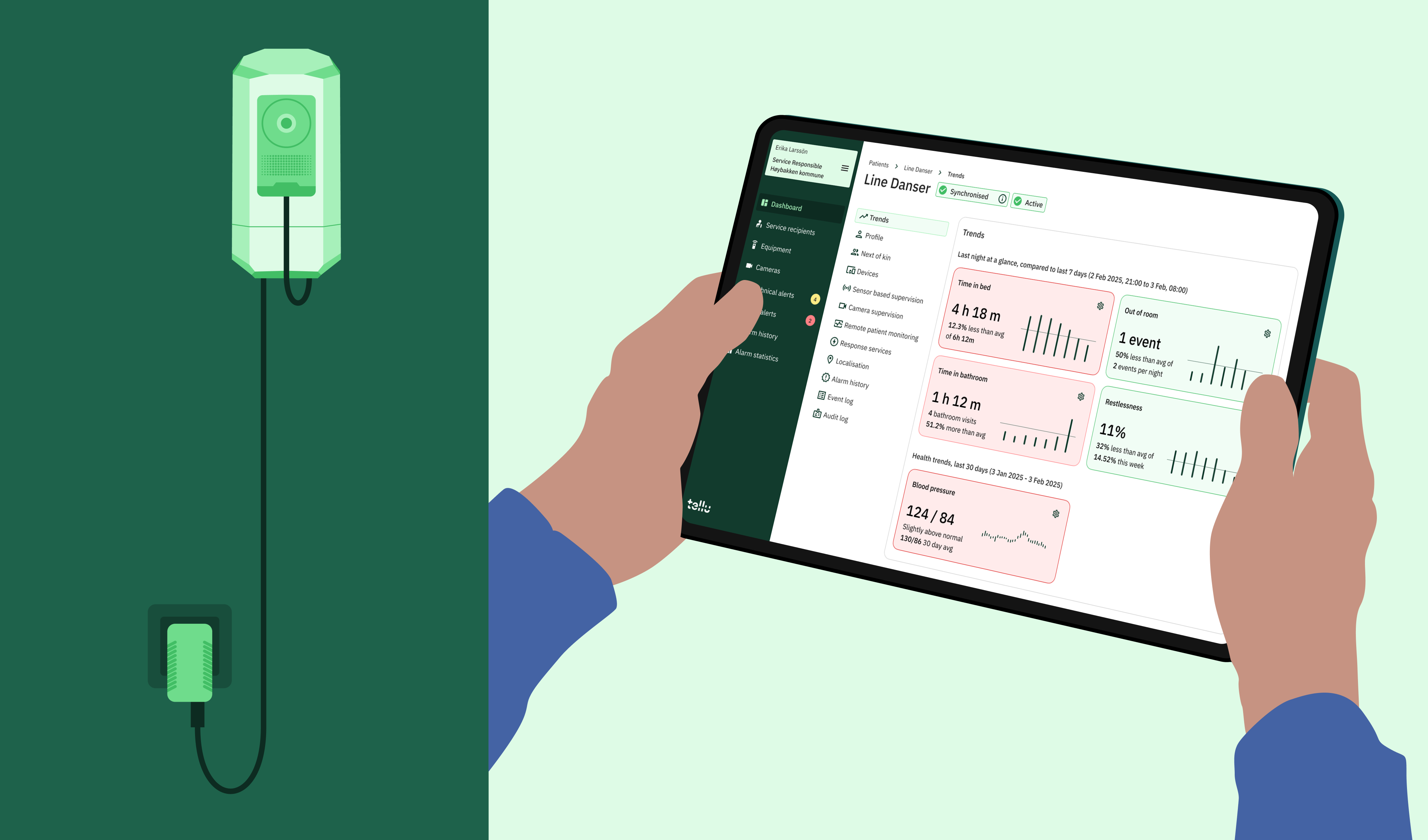 An illustration of a camera on the wall, and a dashboard on an iPad, showing long term health trends of a patient.